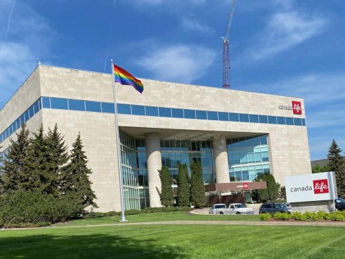 Canadalife building with Pride Flag.